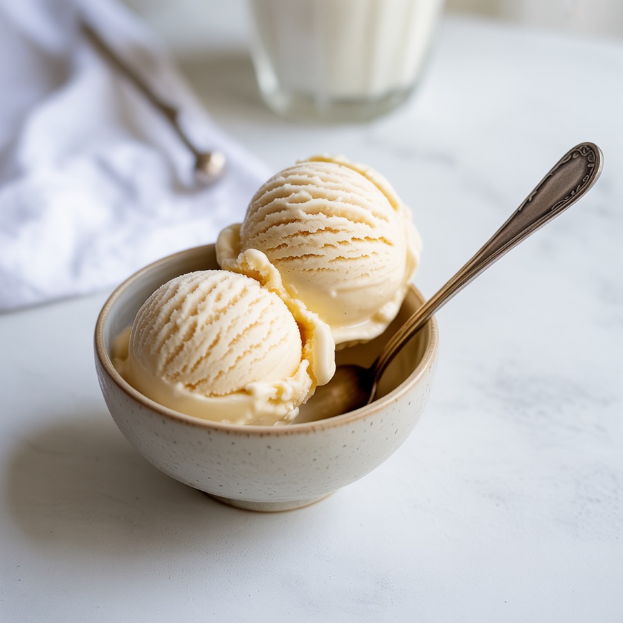 Scoopable vanilla ice cream made with allulose in a ceramic bowl